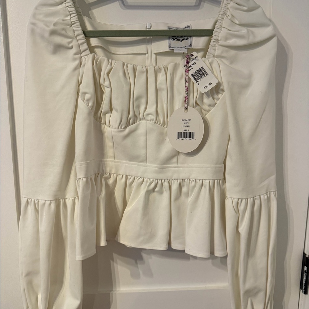 Autumn Adeigbo Ivory White Ruffled Puff Long-Sleeve Peplum Top